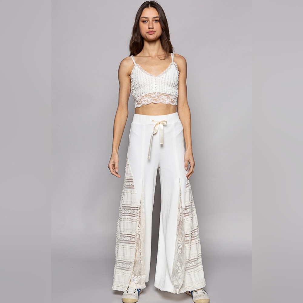 43. POL LAST 1! Wide Leg Pant & Lace Dress Top Women's White Drawstring - Picture 4 of 6